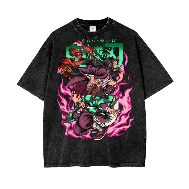 Tanjiro and Nezuko Demon Slayer Oversize Snow Washed T-Shirt ODMPOD