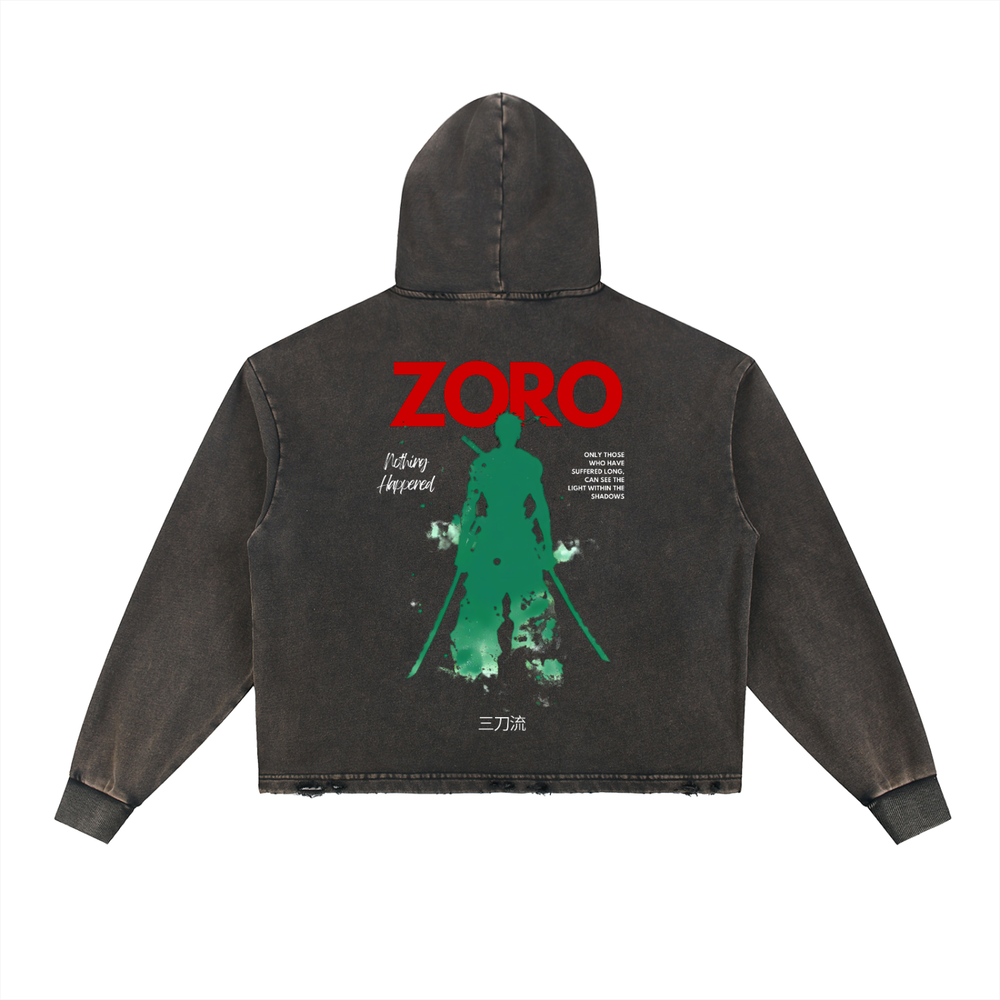 Zoro One Piece Vintage Washed Frayed-Hem Hoodie