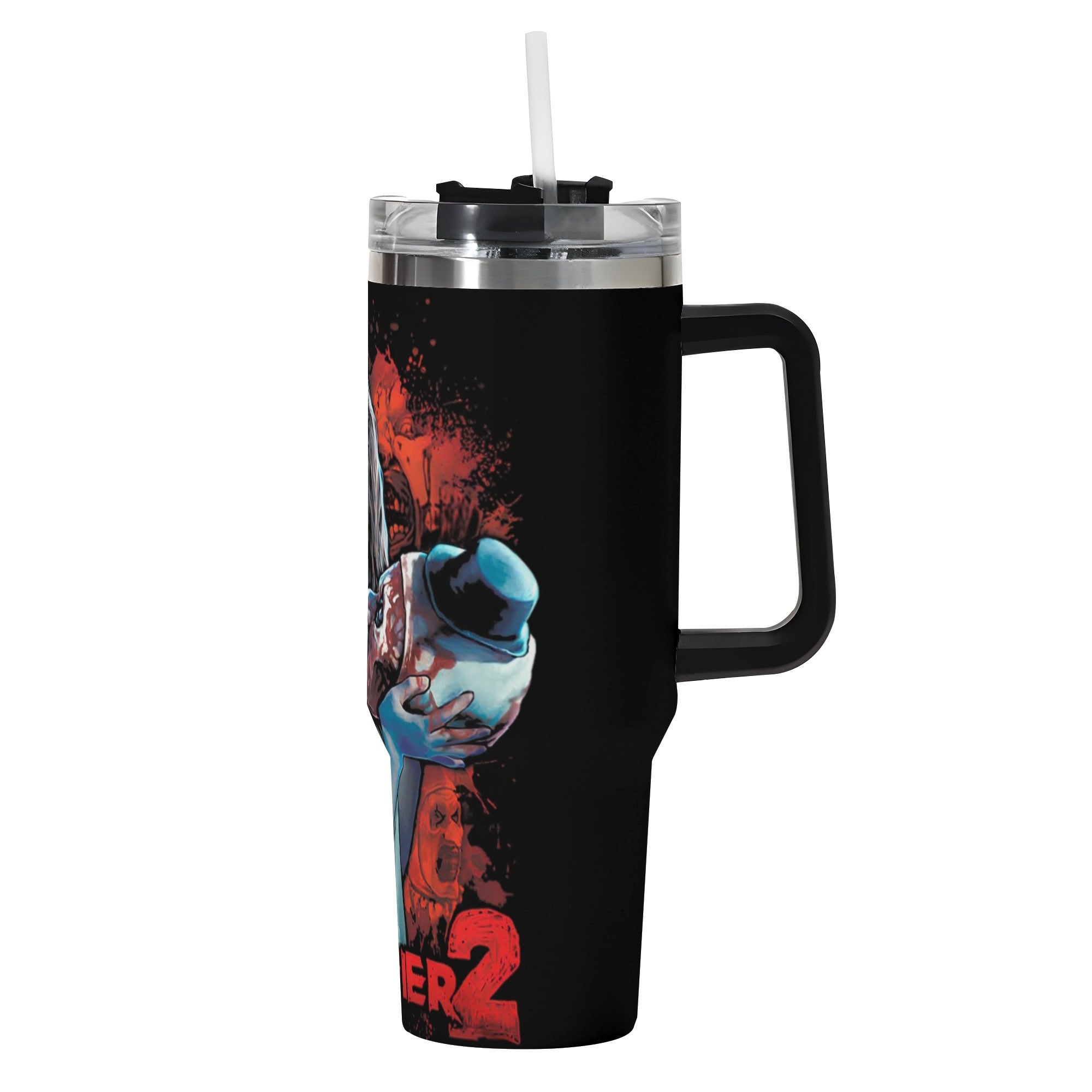 Terrifier 2 40oz Stainless Steel Tumbler Gift With Black Handle and Straw