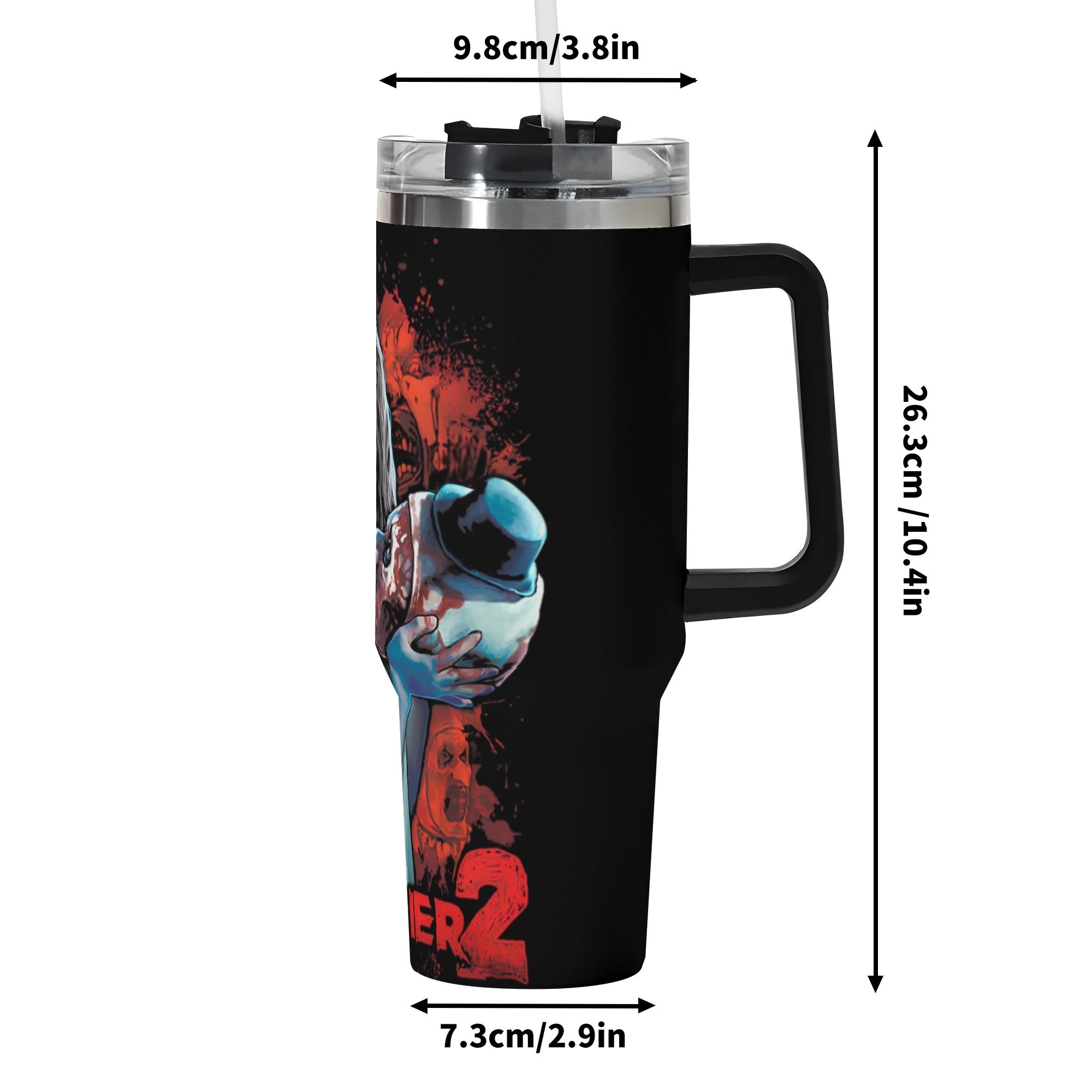 Terrifier 2 40oz Stainless Steel Tumbler Gift With Black Handle and Straw