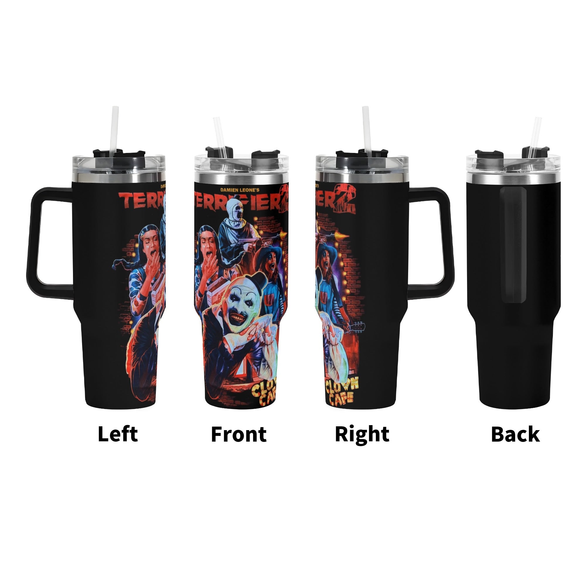 Terrifier 2 40oz Stainless Steel Tumbler Gift With Black Handle and Straw