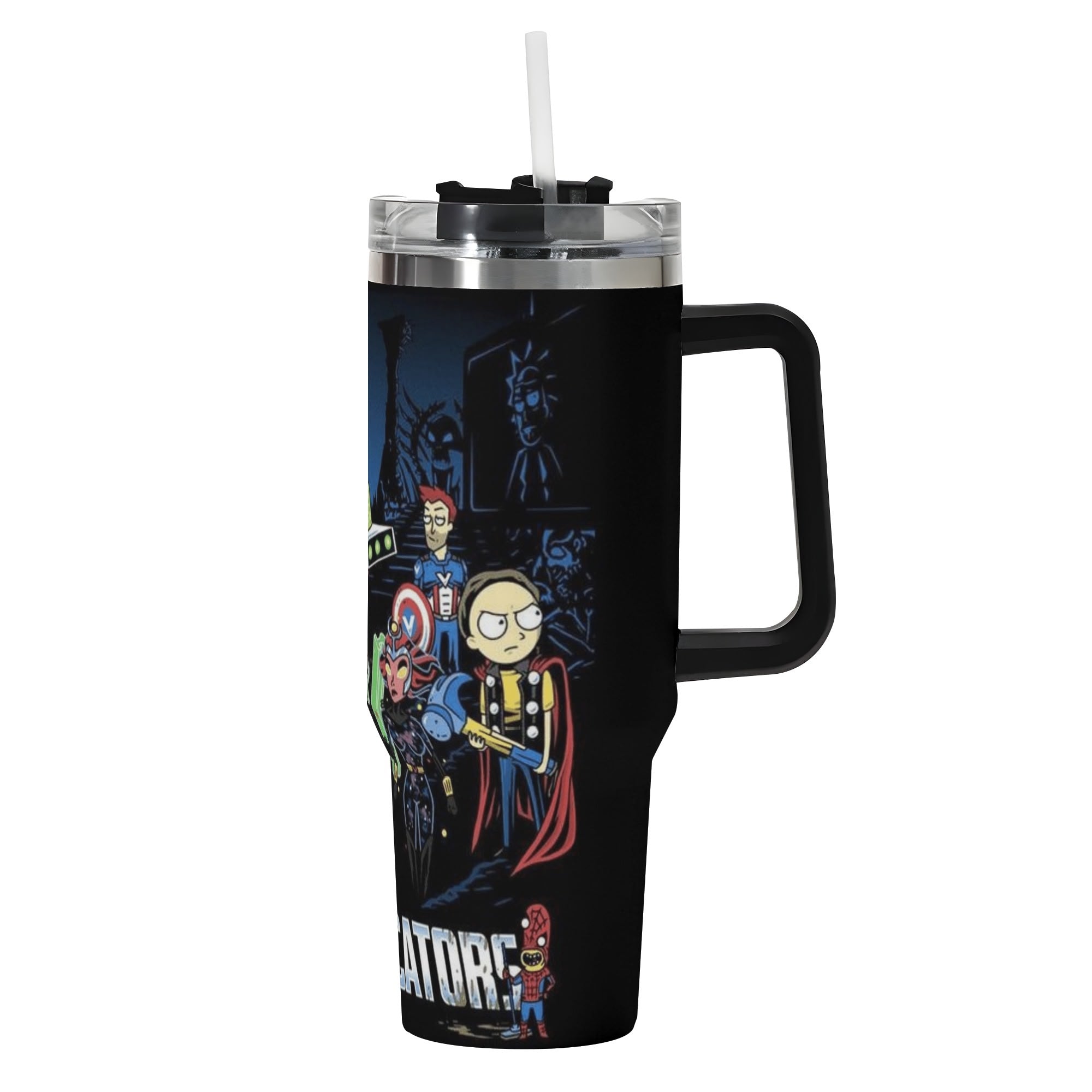 Rick and Morty Avengers 40oz Stainless Steel Tumbler Gift With Black Handle and Straw