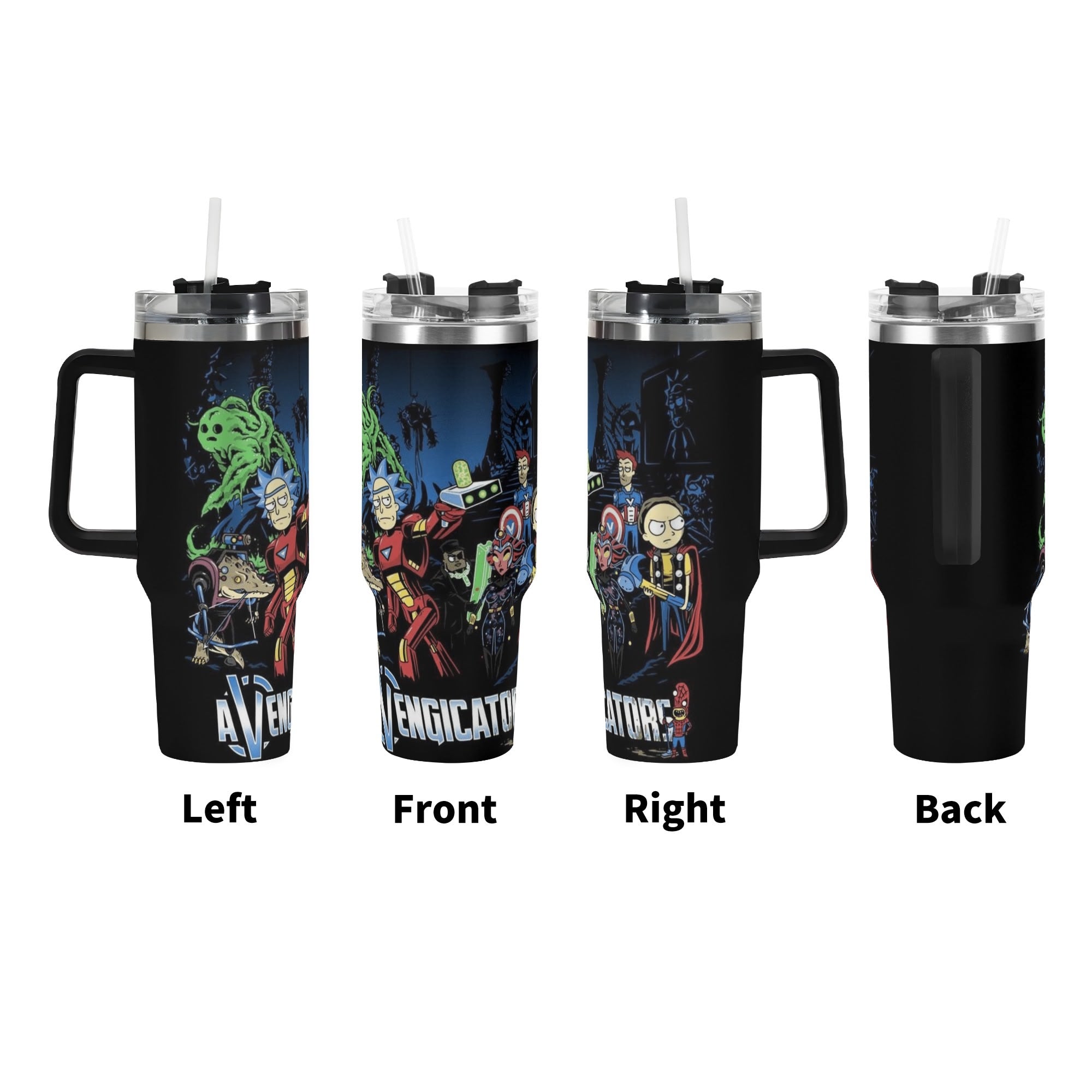 Rick and Morty Avengers 40oz Stainless Steel Tumbler Gift With Black Handle and Straw