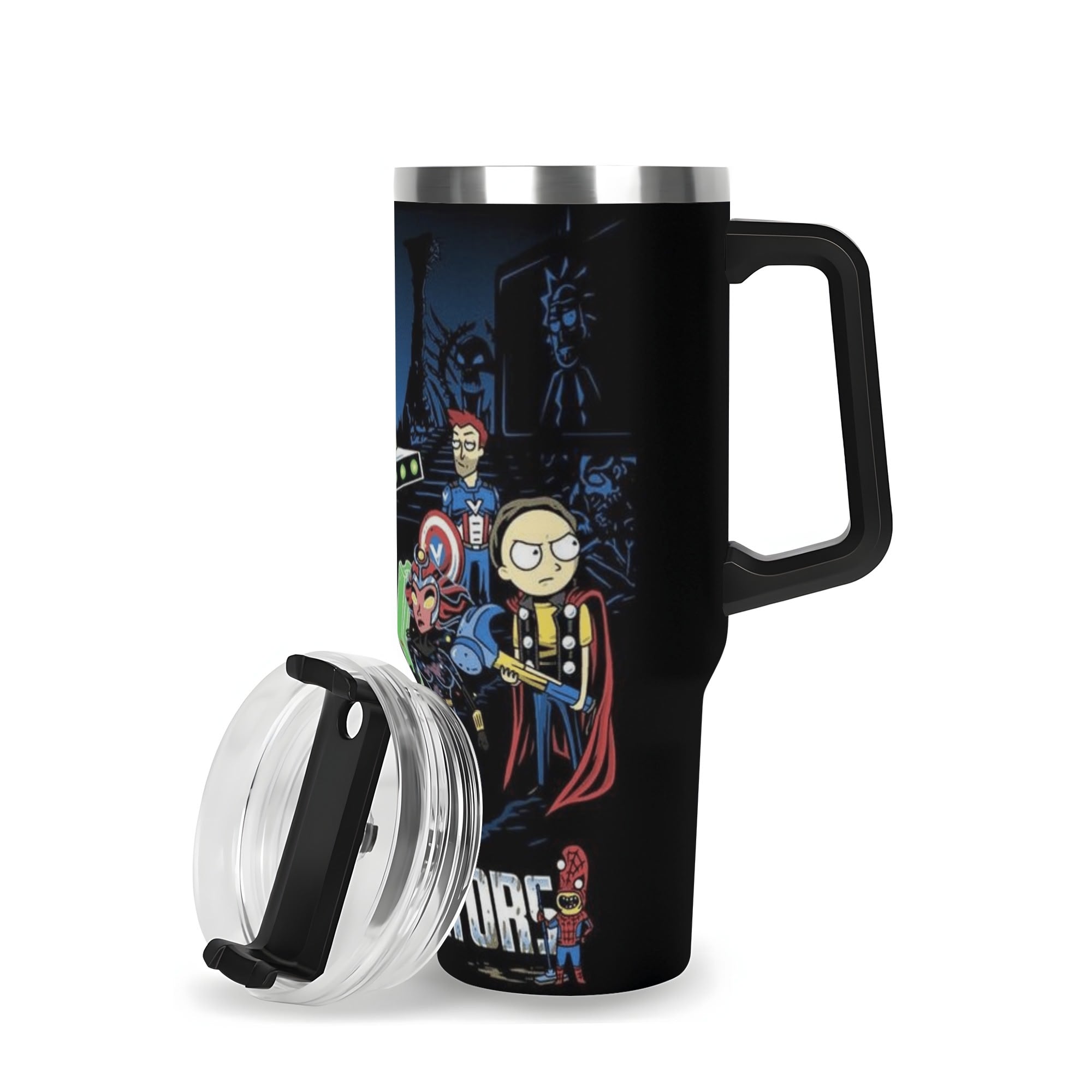 Rick and Morty Avengers 40oz Stainless Steel Tumbler Gift With Black Handle and Straw