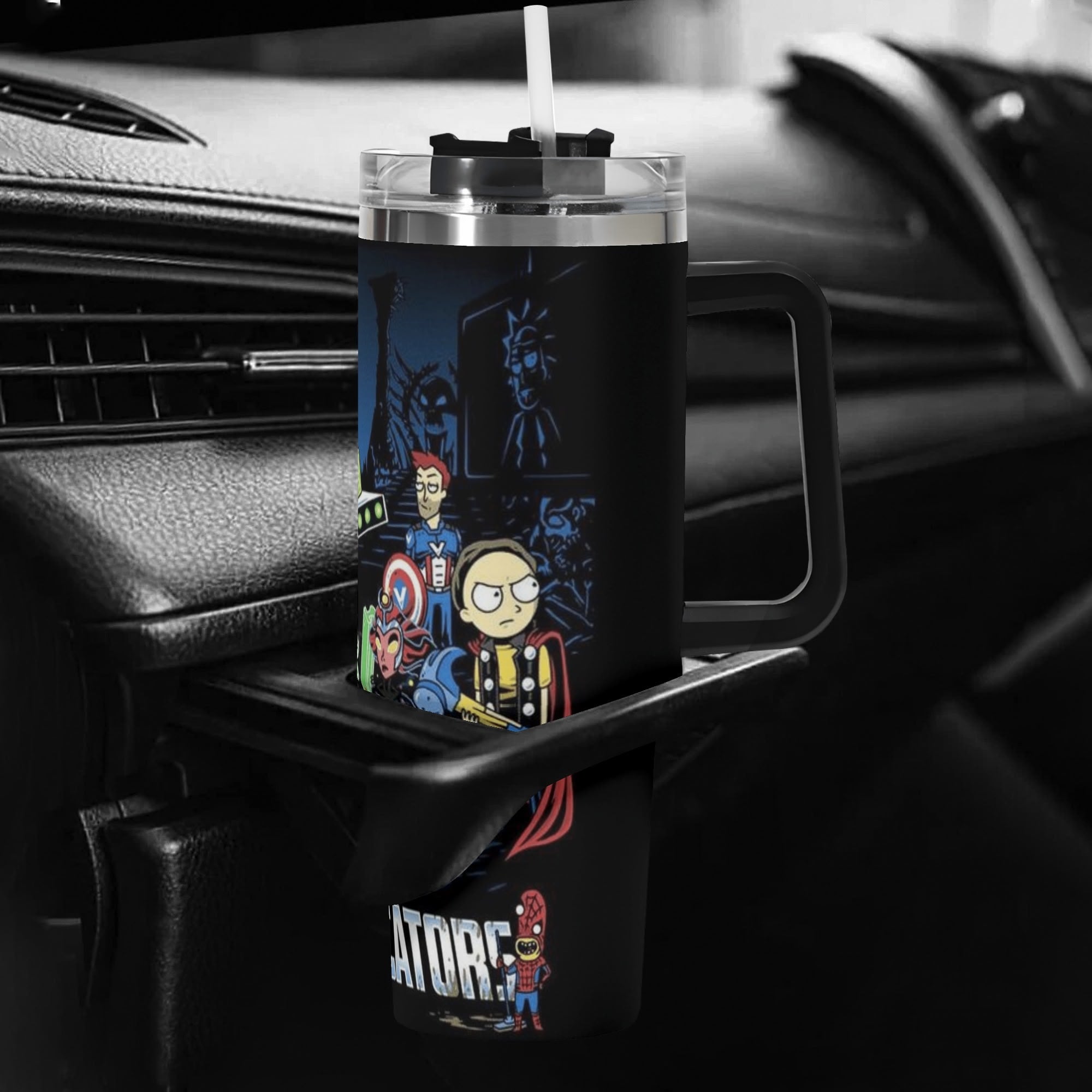 Rick and Morty Avengers 40oz Stainless Steel Tumbler Gift With Black Handle and Straw