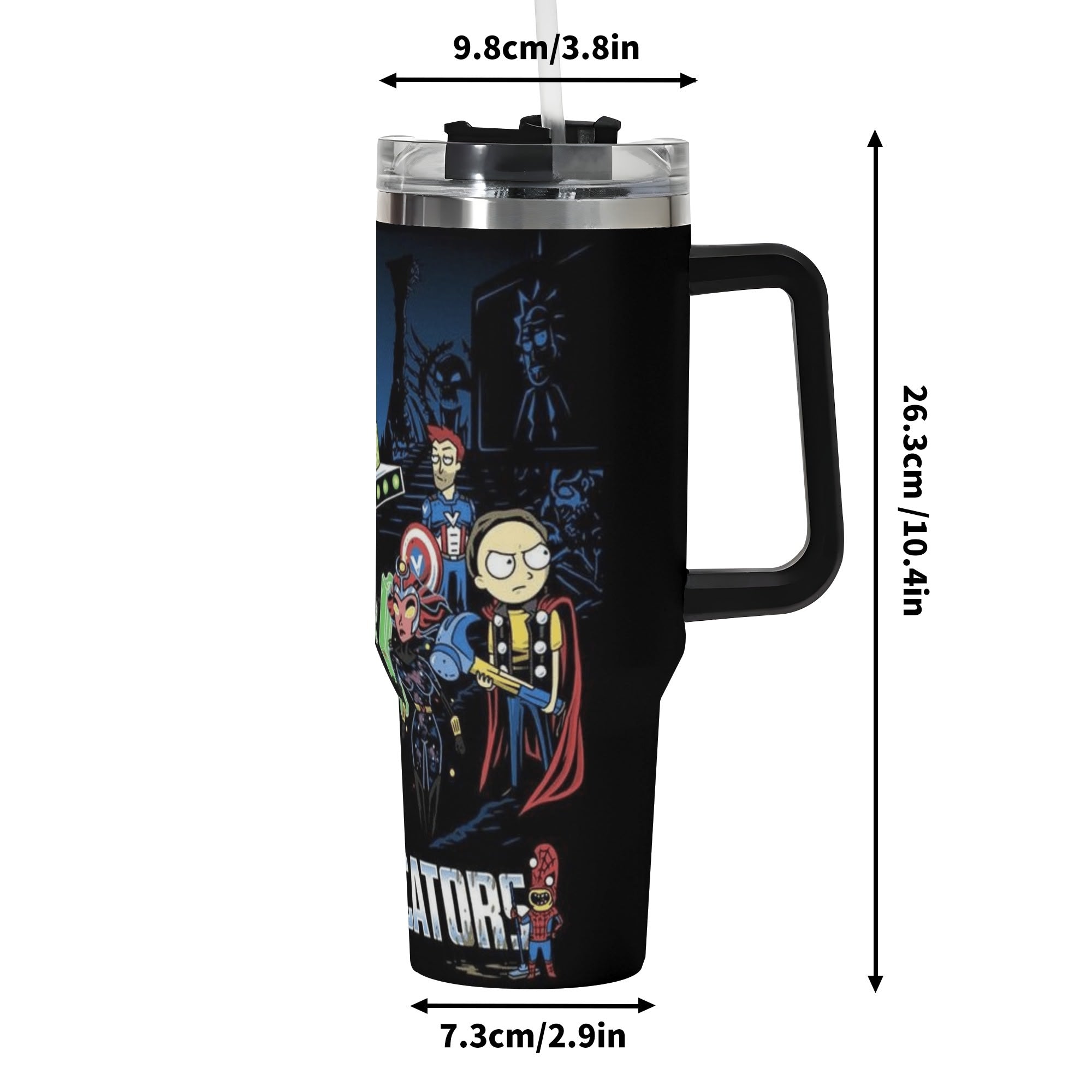 Rick and Morty Avengers 40oz Stainless Steel Tumbler Gift With Black Handle and Straw