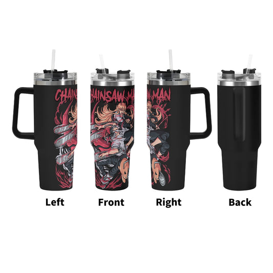 Chainsaw Man 40oz Stainless Steel Tumbler Gift With Black Handle and Straw