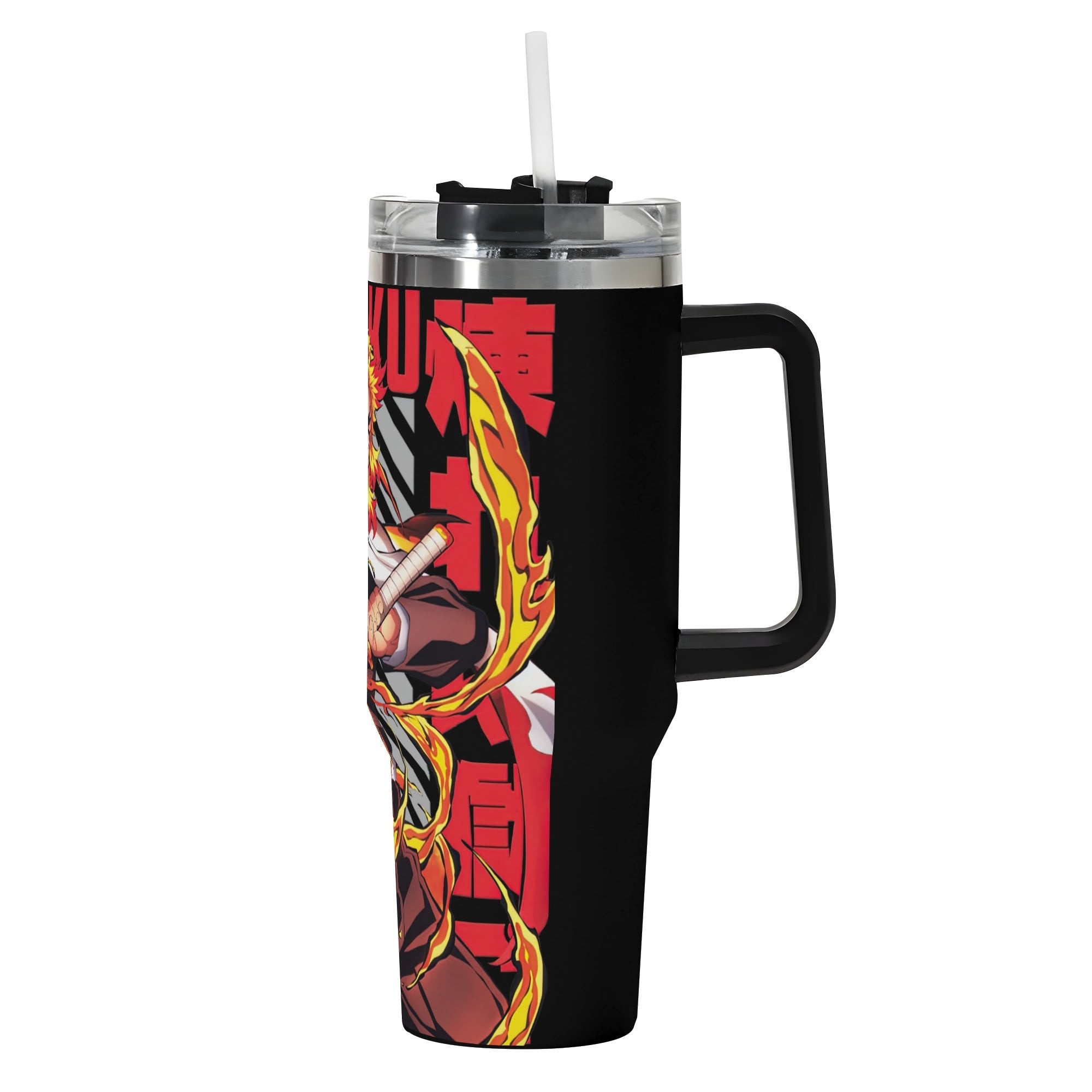 Rengoku Demon Slayer 40oz Stainless Steel Tumbler Gift With Black Handle and Straw