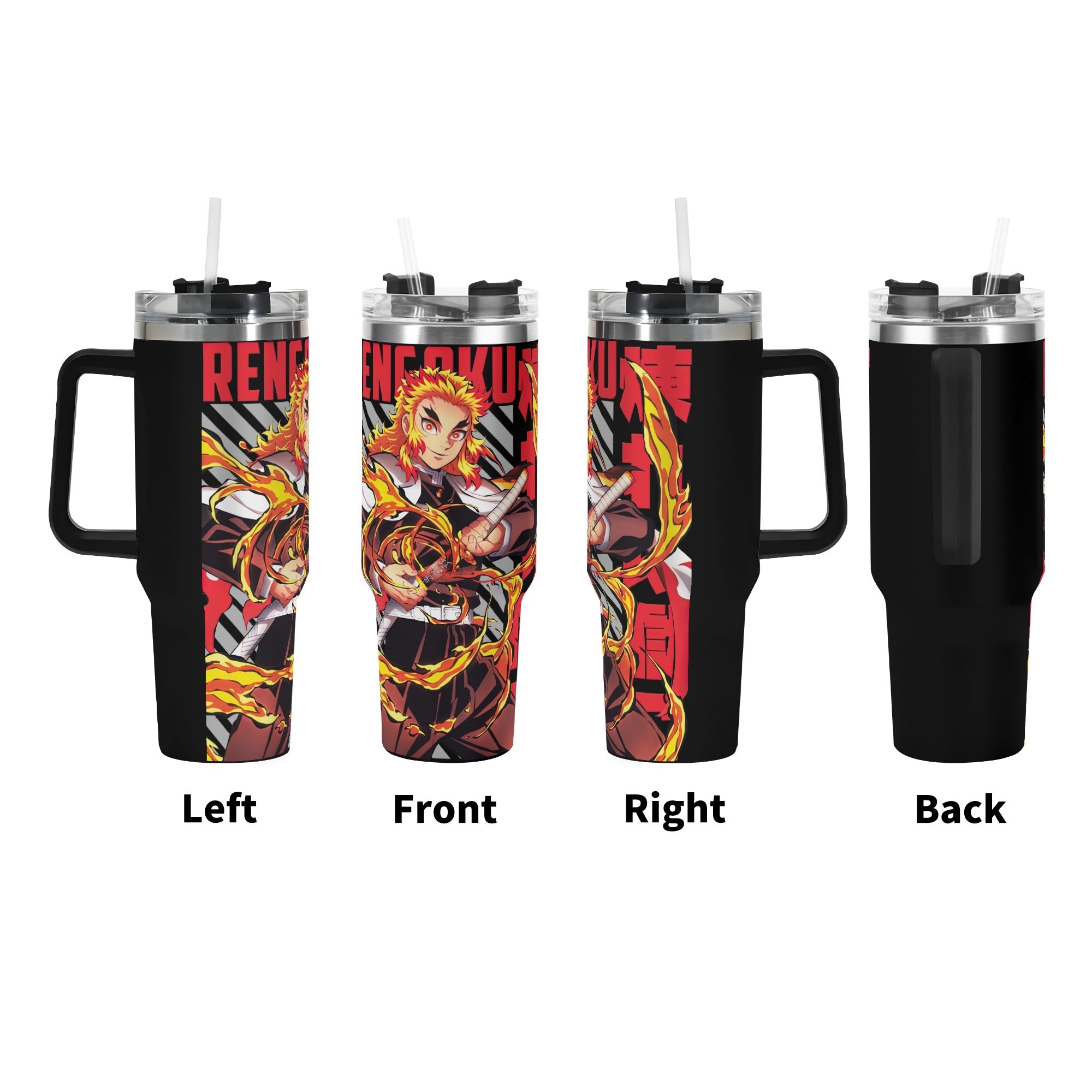 Rengoku Demon Slayer 40oz Stainless Steel Tumbler Gift With Black Handle and Straw