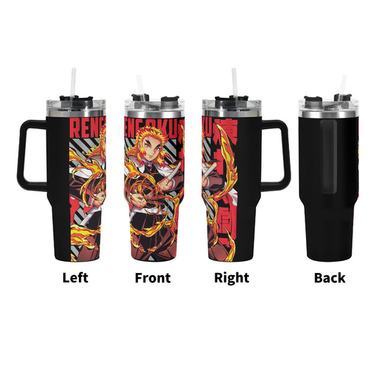 Rengoku Demon Slayer 40oz Stainless Steel Tumbler Gift With Black Handle and Straw