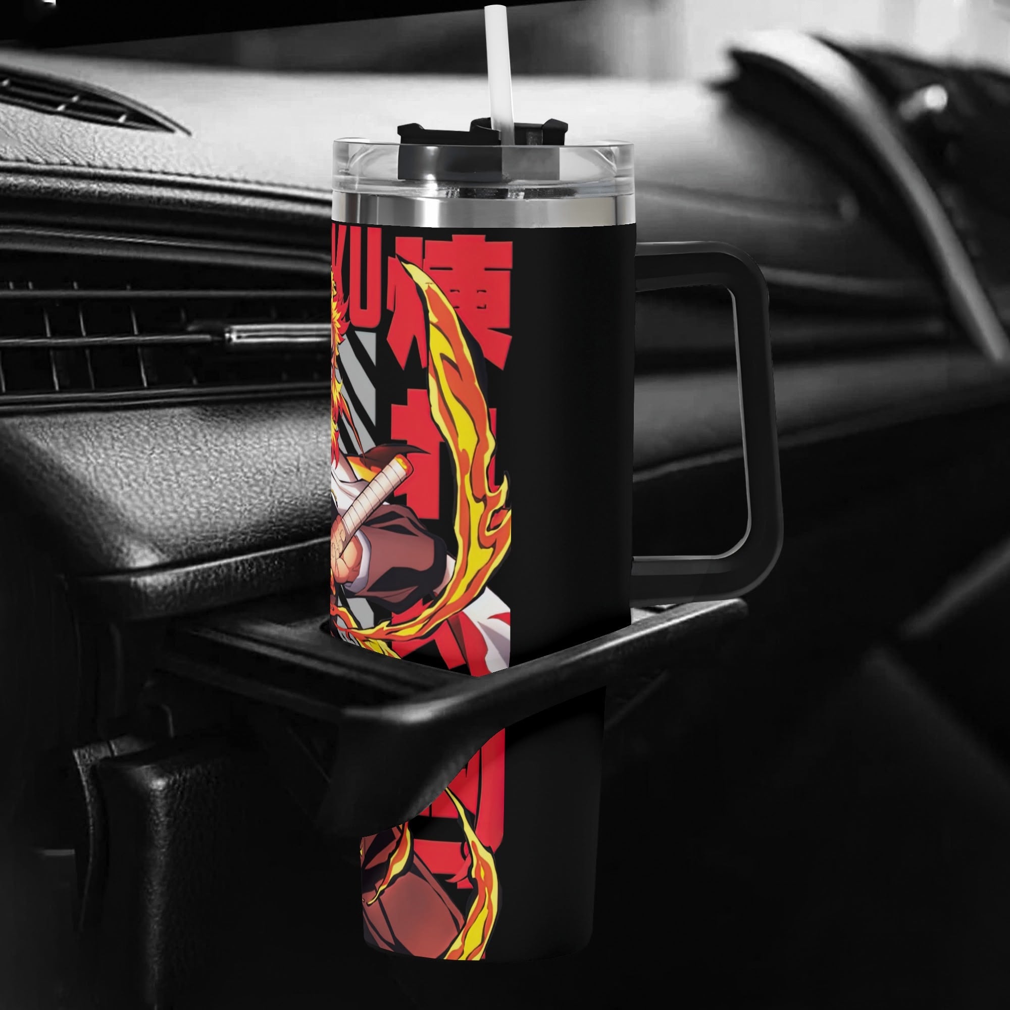 Rengoku Demon Slayer 40oz Stainless Steel Tumbler Gift With Black Handle and Straw