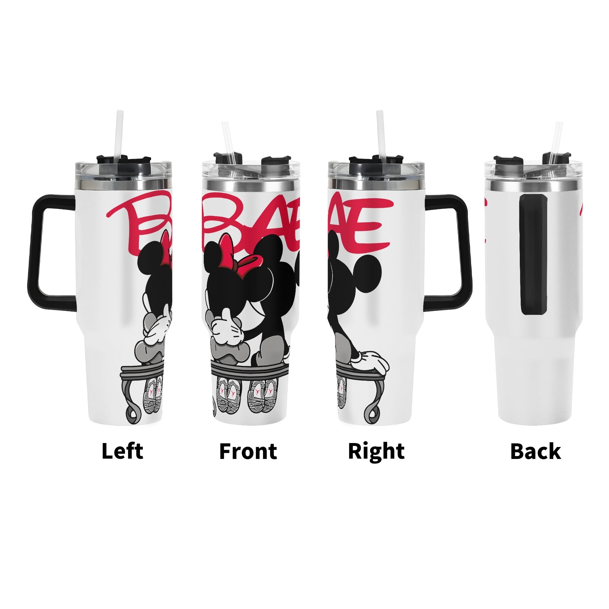 Mickey and Minnie 40oz Stainless Steel Tumbler Gift With Black Handle and Straw