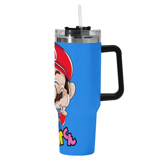 Mario 40oz Stainless Steel Tumbler Gift With Black Handle and Straw