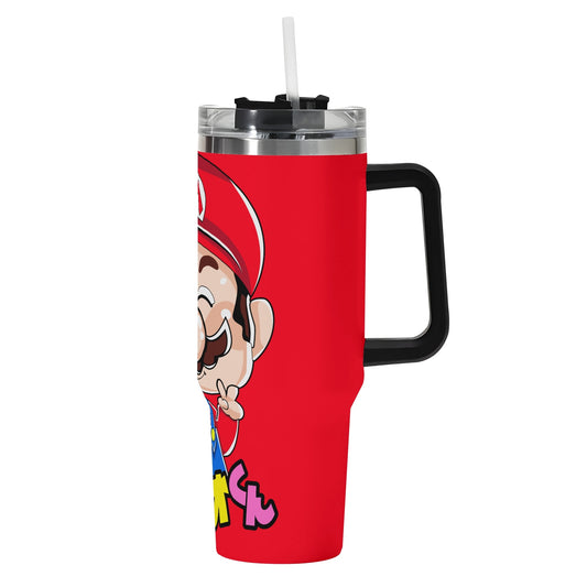 Mario 40oz Stainless Steel Tumbler Gift With Black Handle and Straw