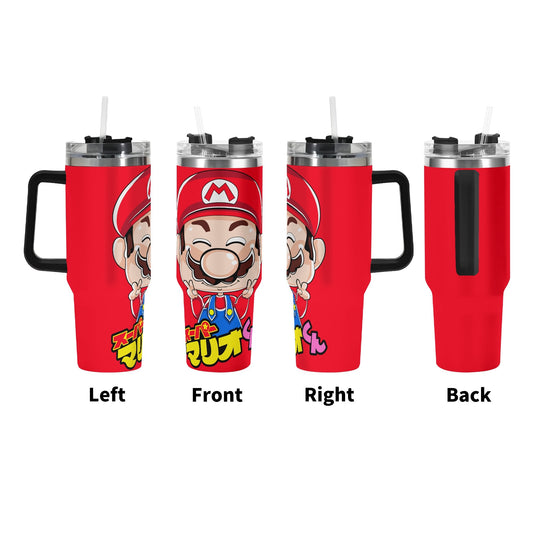 Mario 40oz Stainless Steel Tumbler Gift With Black Handle and Straw