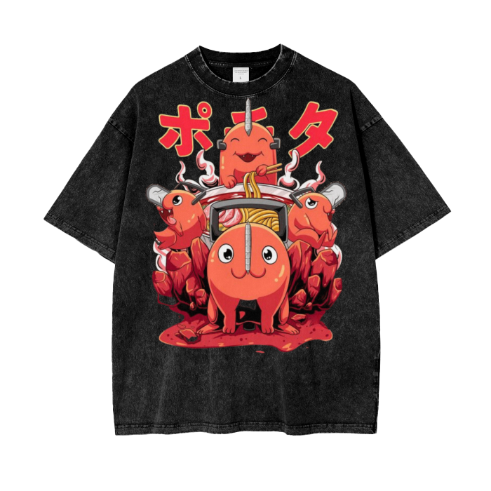 Pochita Chainsaw Man Acid Wash Oversize T-Shirt - 