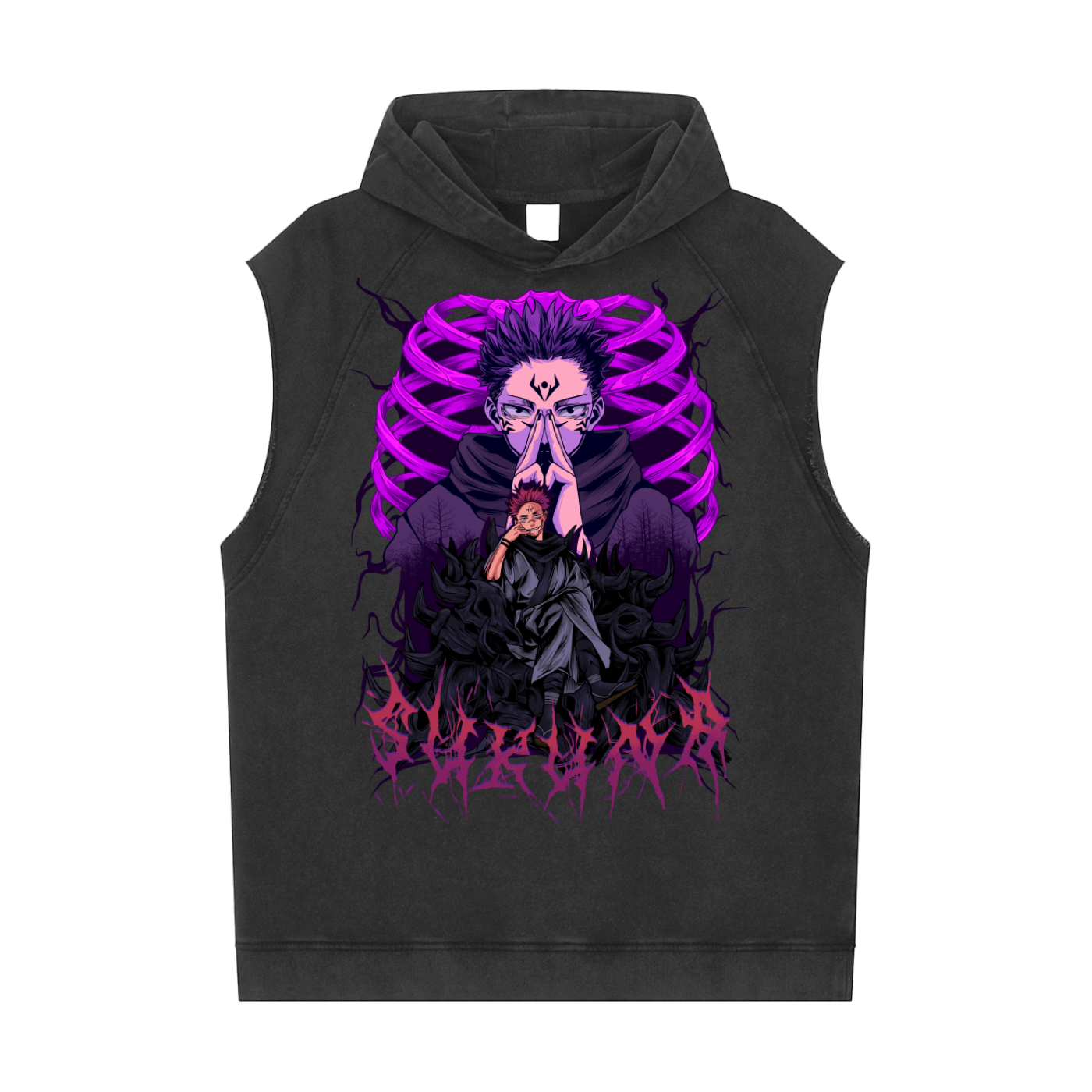 Sukuna Jujitsu Kaisen Snow Washed Sleeveless Hoodie