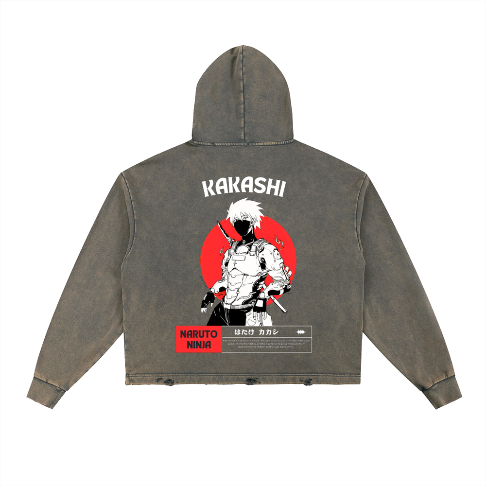 Kakashi Naruto Vintage Washed Frayed-Hem Hoodie