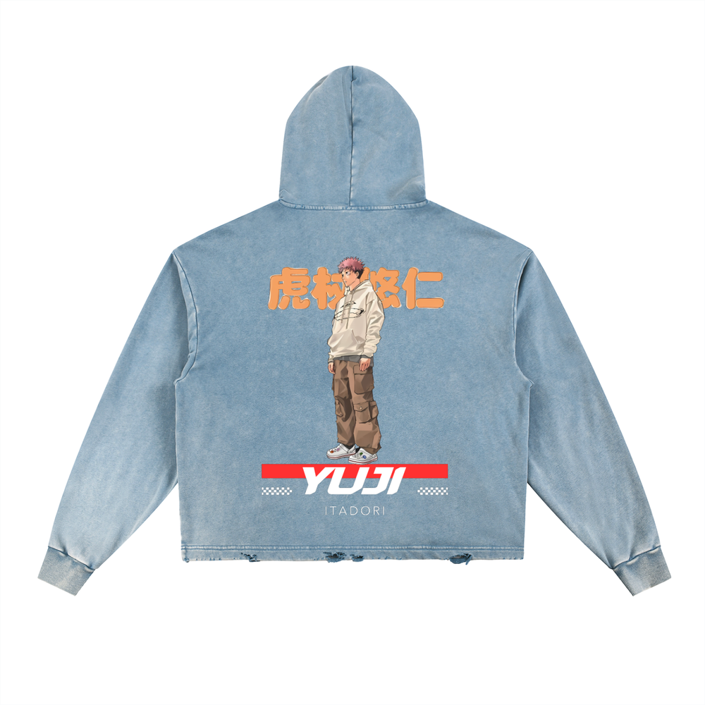 Yuji Jujitsu Kaisen Vintage Washed Frayed-Hem Hoodie