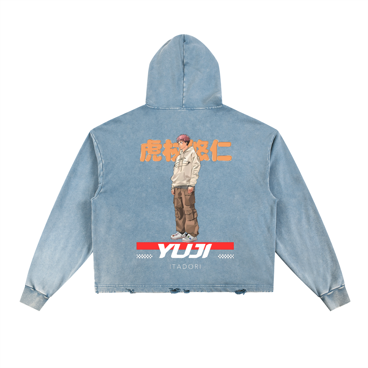 Yuji Jujitsu Kaisen Vintage Washed Frayed-Hem Hoodie