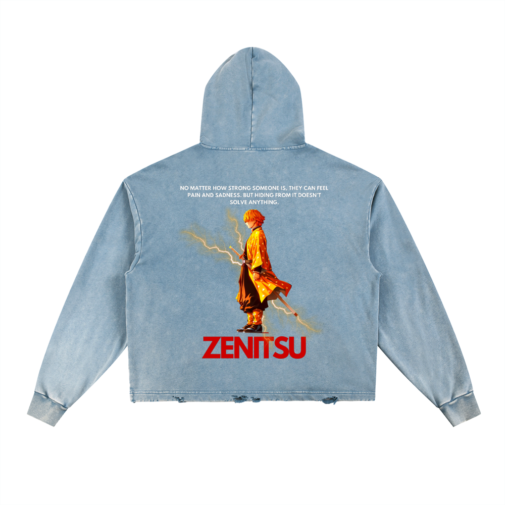 Zenitsu Demon Slayer Vintage Washed Frayed-Hem Hoodie