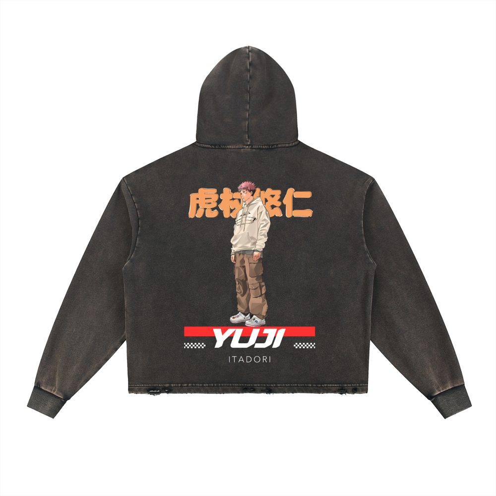 Yuji Jujitsu Kaisen Vintage Washed Frayed-Hem Hoodie