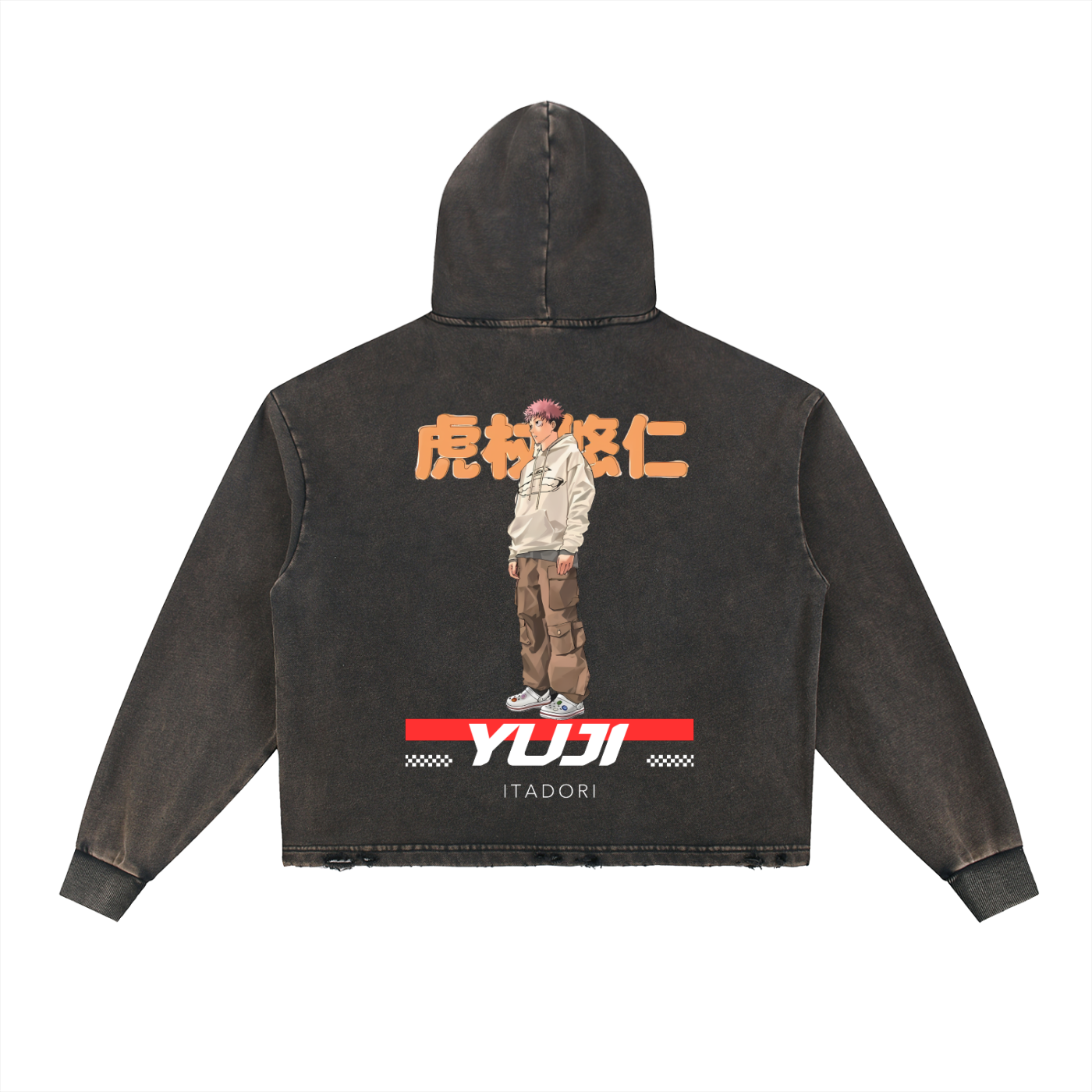 Yuji Jujitsu Kaisen Vintage Washed Frayed-Hem Hoodie