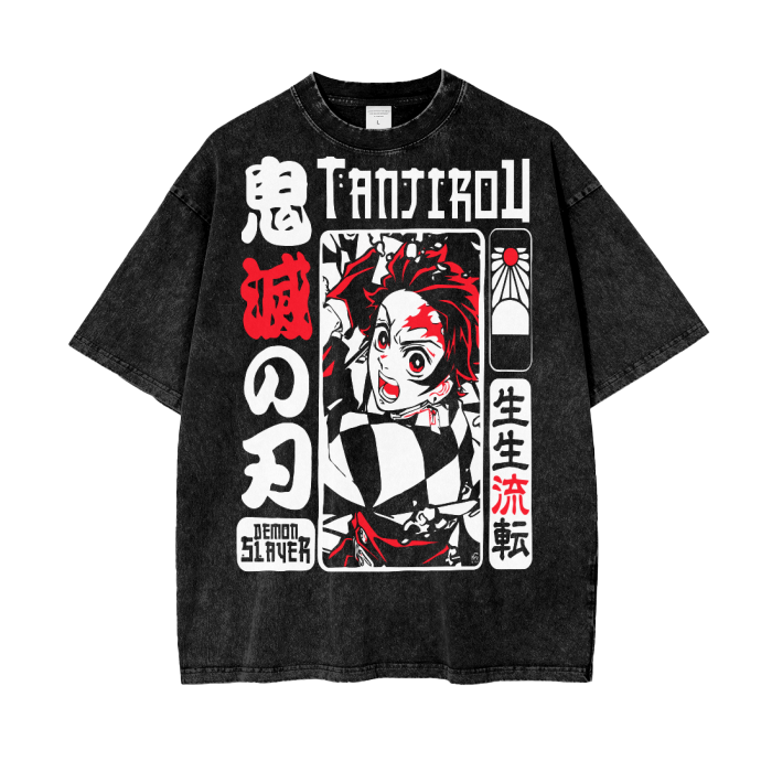 Tanjiro Demon Slayer Acid Wash Oversize T-Shirt - 