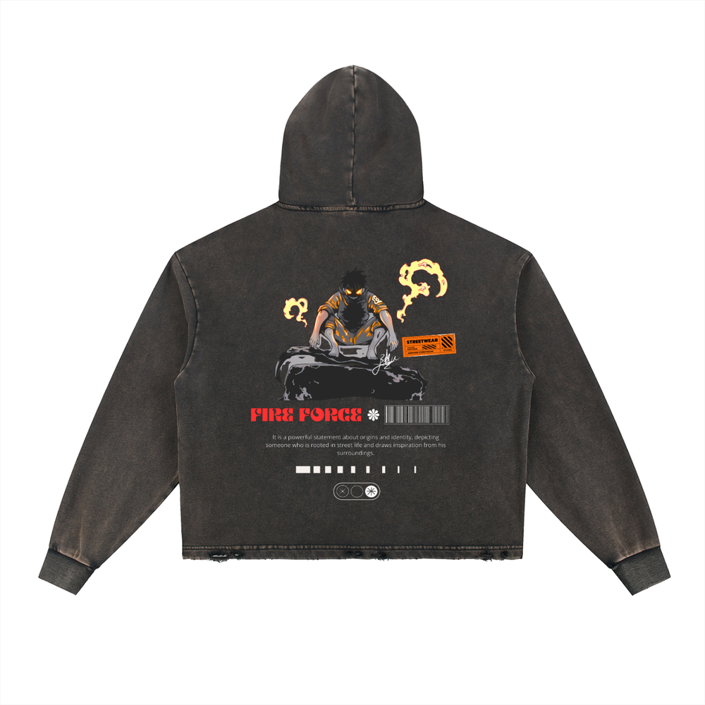 Shinra Fireforce Vintage Washed Frayed-Hem Hoodie