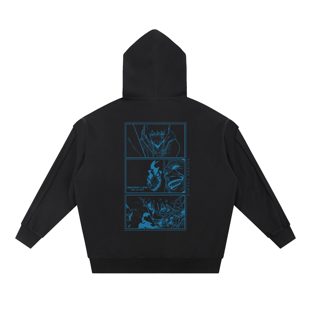 Solo Leveling Contrast Tape Raw Edge Double Layered Zip Hoodie
