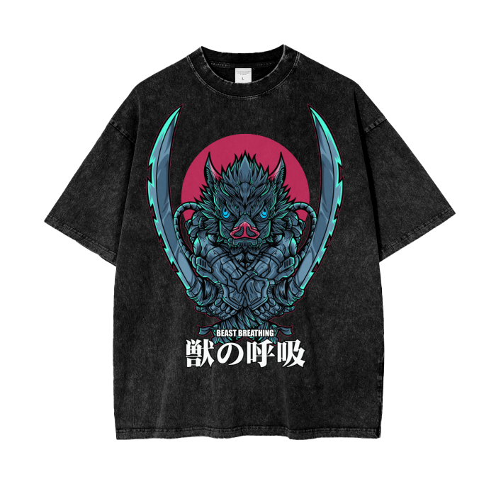 Inosuke Demon Slayer Acid Wash Oversize T-Shirt