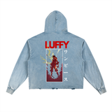 Luffy One Piece Vintage Washed Frayed-Hem Hoodie
