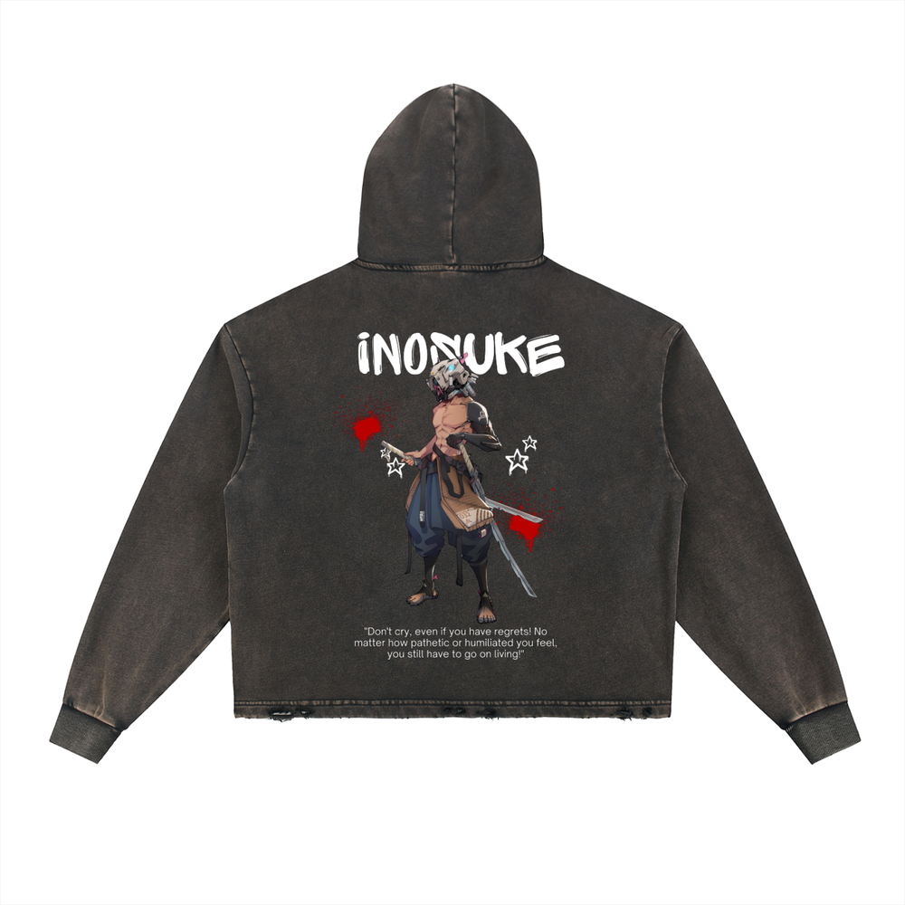 Inosuke Demon Slayer Vintage Washed Frayed-Hem Hoodie