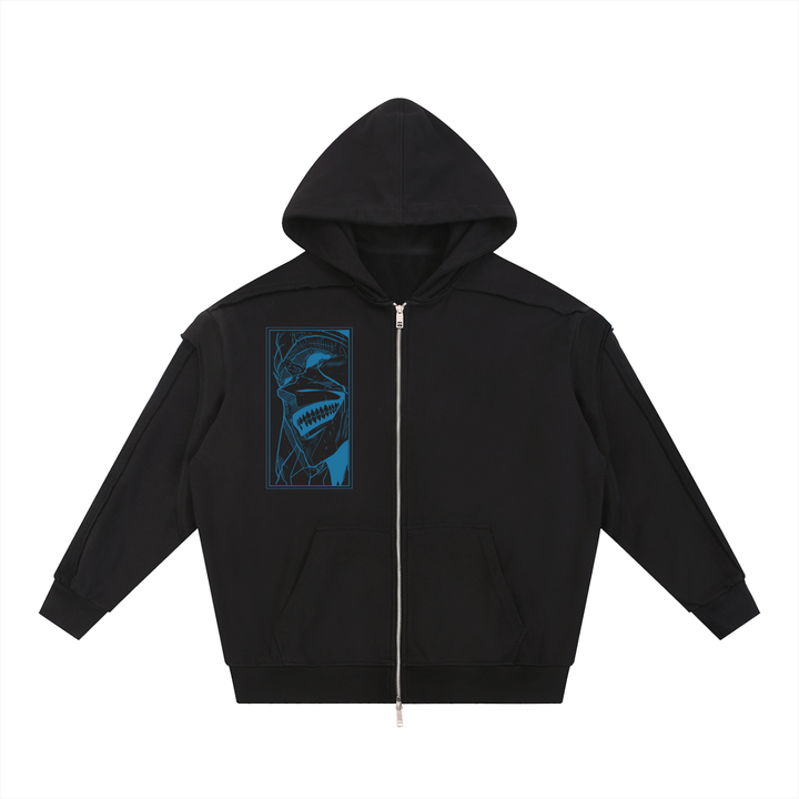 Solo Leveling Contrast Tape Raw Edge Double Layered Zip Hoodie