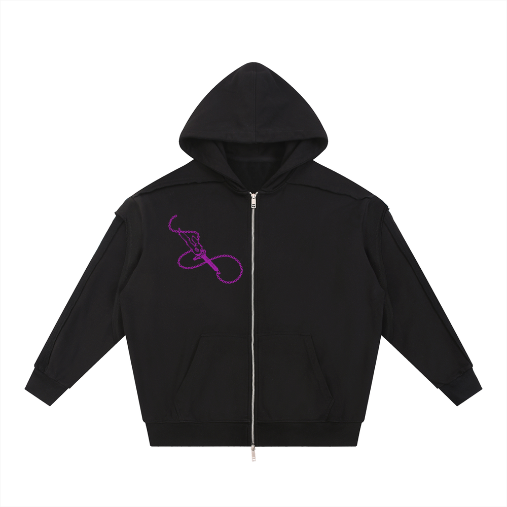 Jujitsu Kaisen Contrast Tape Raw Edge Double Layered Zip Hoodie