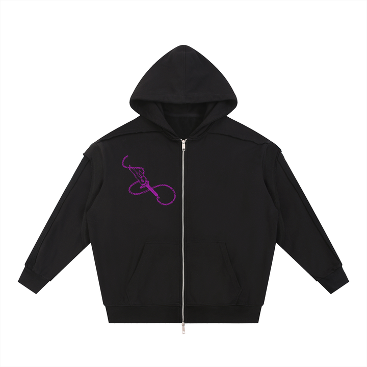 Jujitsu Kaisen Contrast Tape Raw Edge Double Layered Zip Hoodie