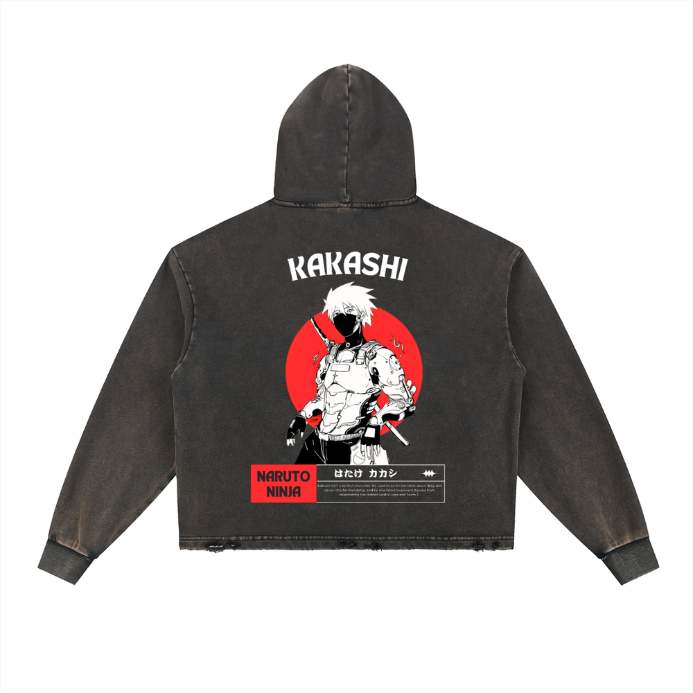 Kakashi Naruto Vintage Washed Frayed-Hem Hoodie