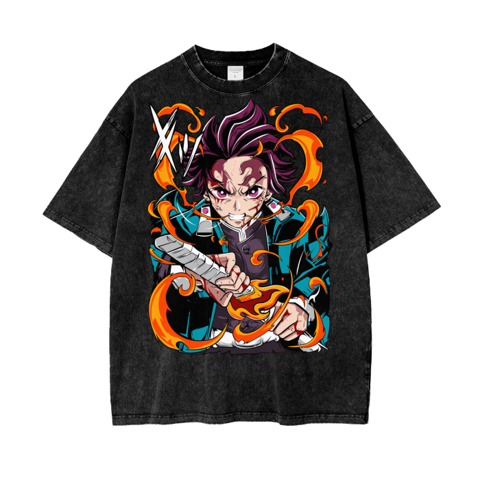 Tanjiro Demon Slayer Acid Wash Oversize T-Shirt