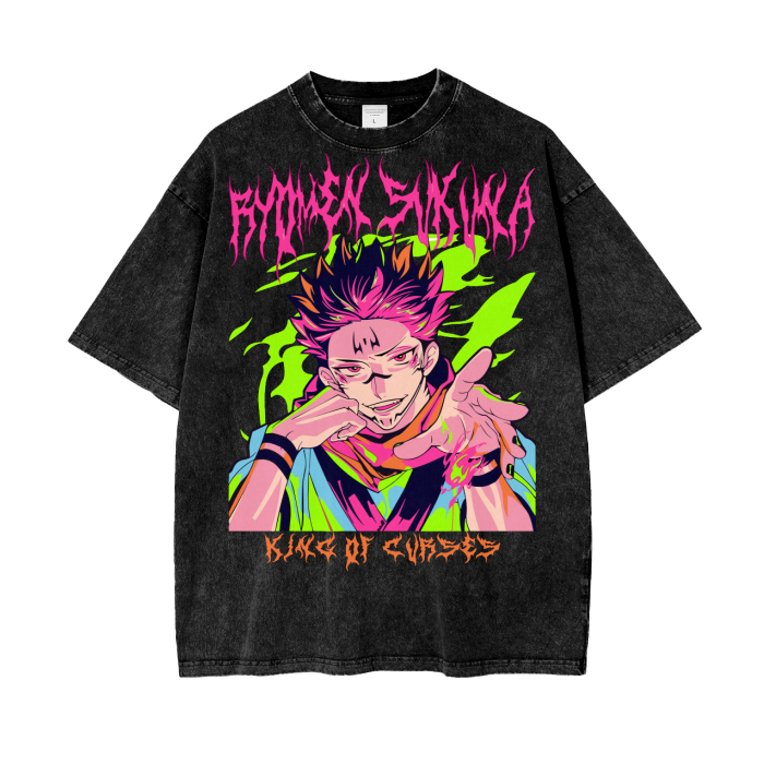 Sukuna Jujitsu Kaisen Acid Wash Oversize T-Shirt - 