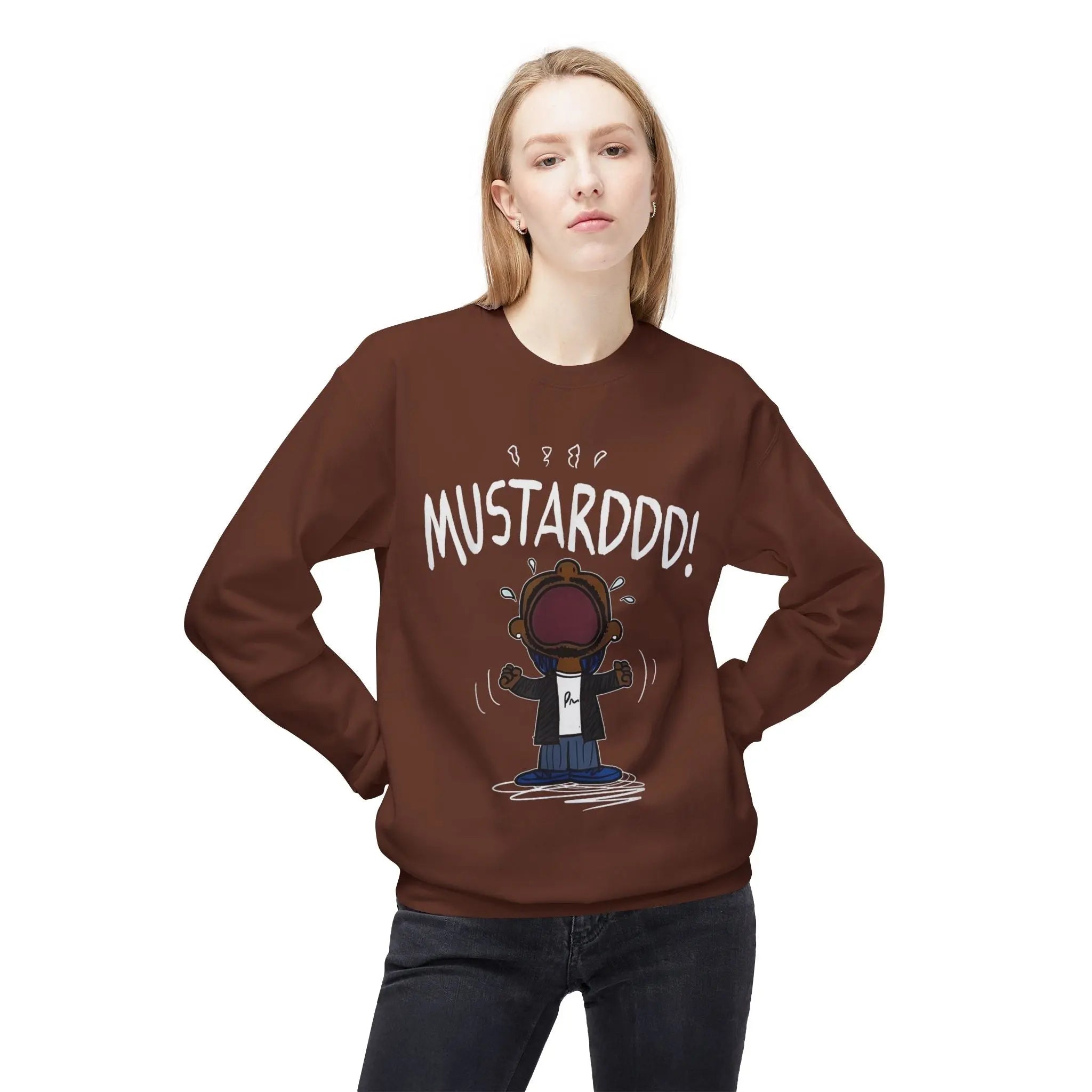 Funny Kendrick Mustard Crying Sweatshirt | Unisex Midweight Crewneck | Perfect Gift for Food Lovers Printify