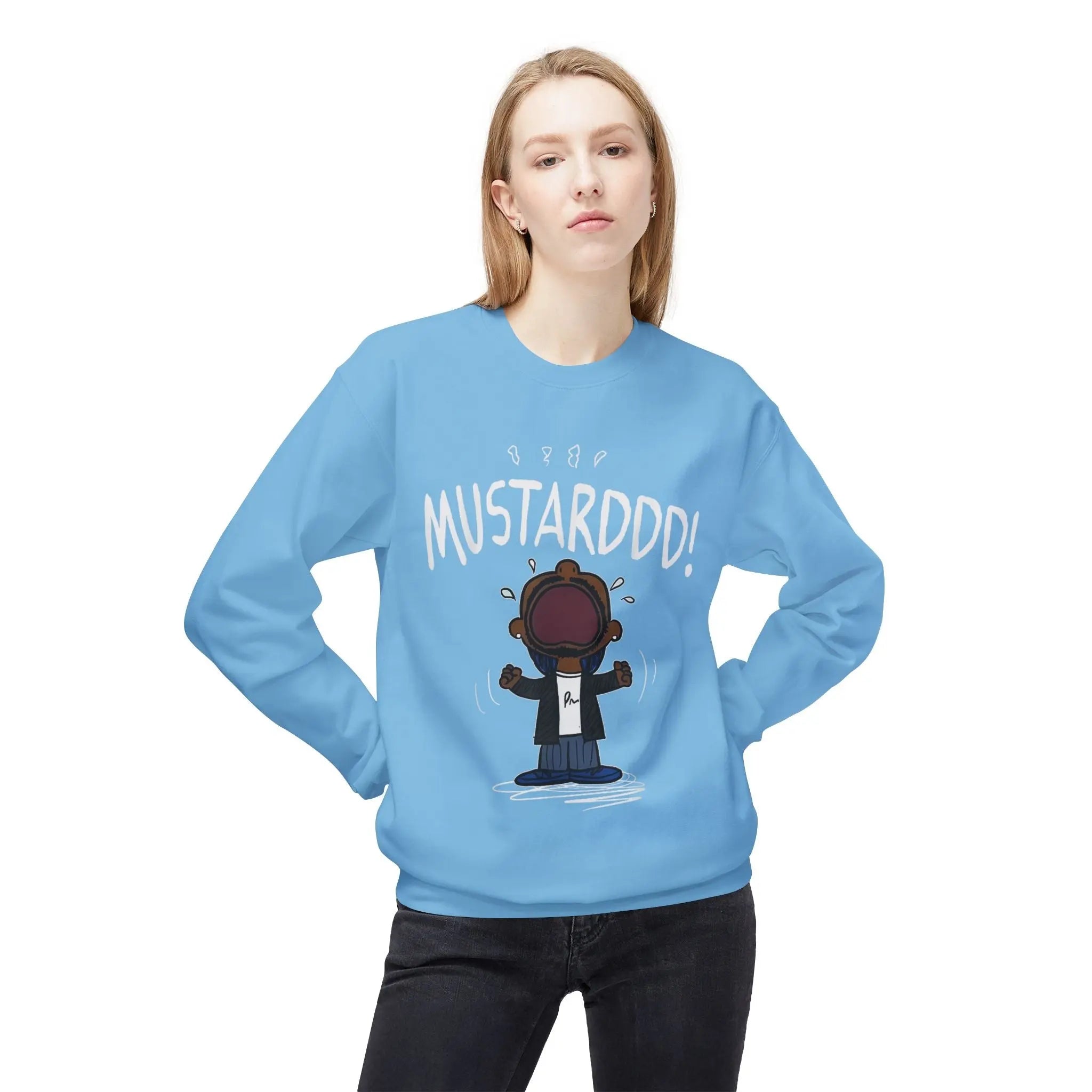 Funny Kendrick Mustard Crying Sweatshirt | Unisex Midweight Crewneck | Perfect Gift for Food Lovers Printify