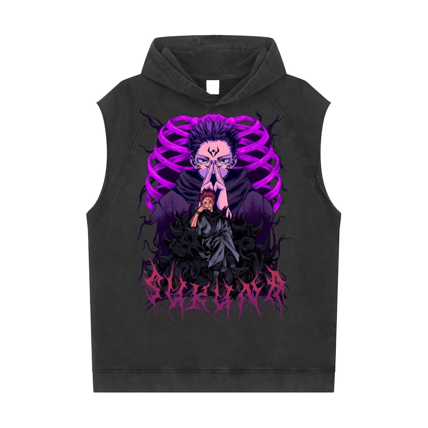 Sukuna Jujitsu Kaisen Snow Washed Sleeveless Hoodie ODMPOD