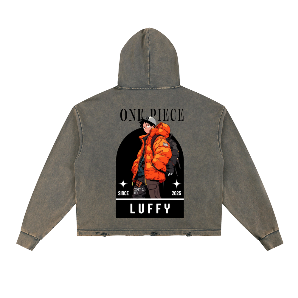 Luffy One Piece Vintage Washed Frayed-Hem Hoodie