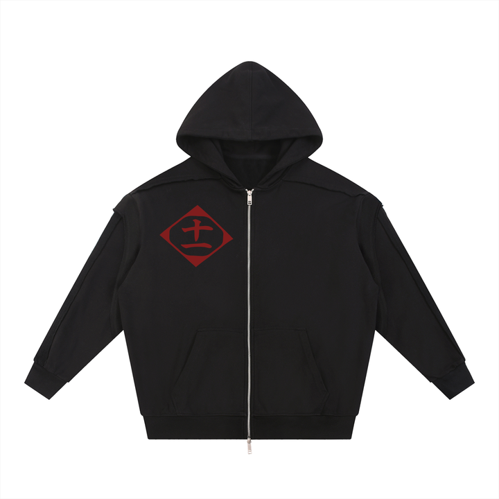Bleach Contrast Tape Raw Edge Double Layered Zip Hoodie