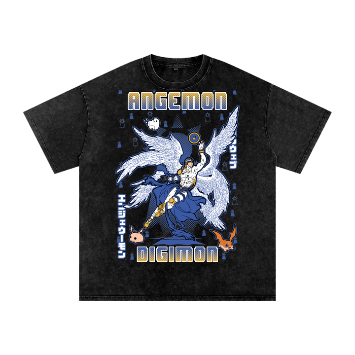 Angemon Digimon Acid Wash Oversize T-Shirt