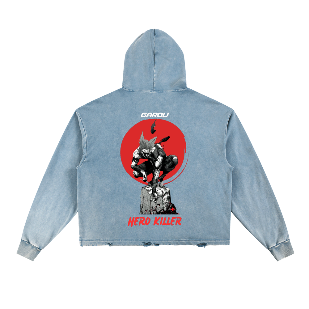 Garou One Punch Man Vintage Washed Frayed-Hem Hoodie
