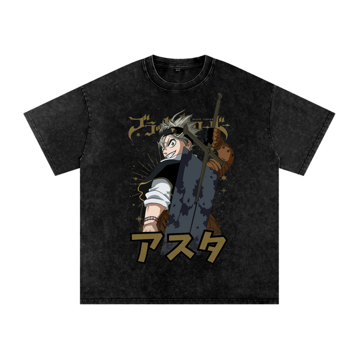 Asta Black Clover Acid Wash Oversize T-Shirt