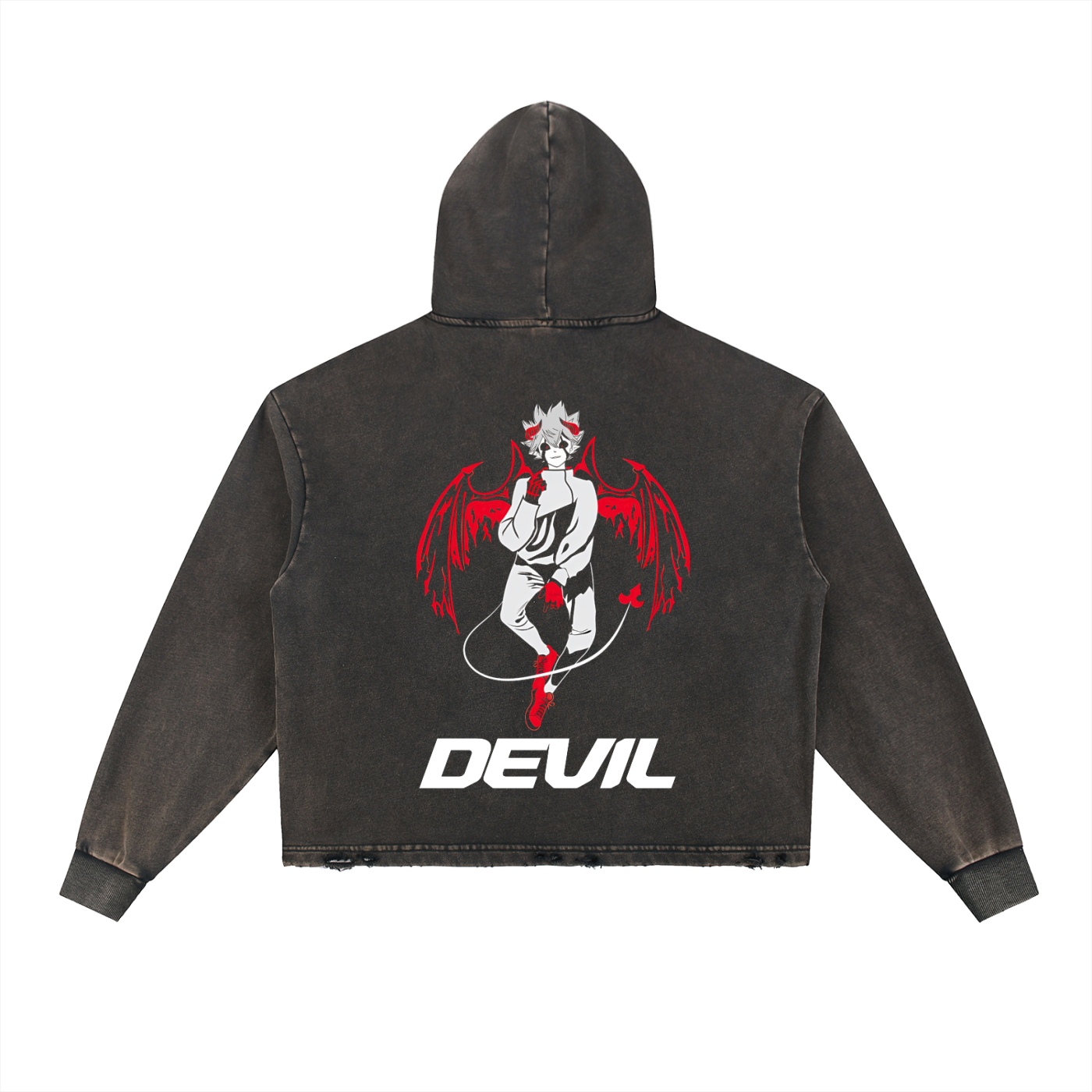 Asta Black Clover Vintage Washed Frayed-Hem Hoodie