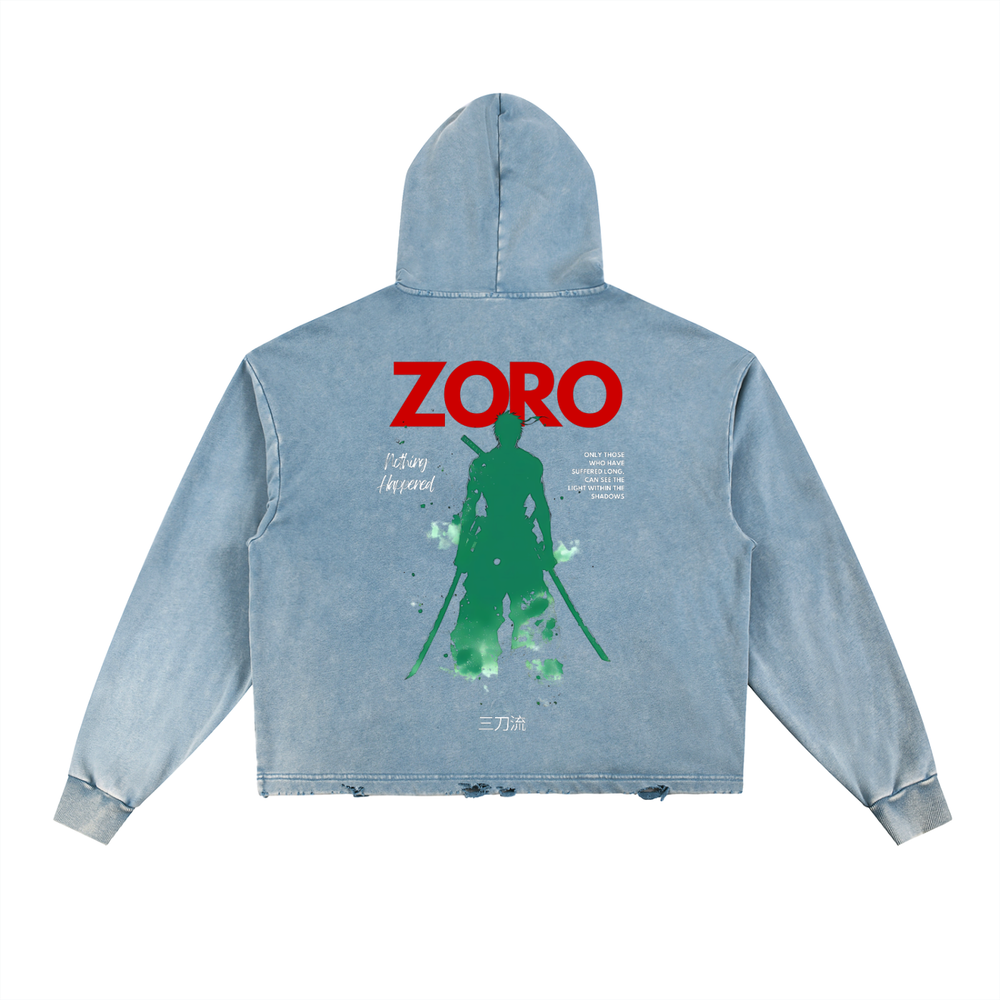 Zoro One Piece Vintage Washed Frayed-Hem Hoodie