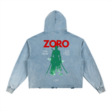 Zoro One Piece Vintage Washed Frayed-Hem Hoodie